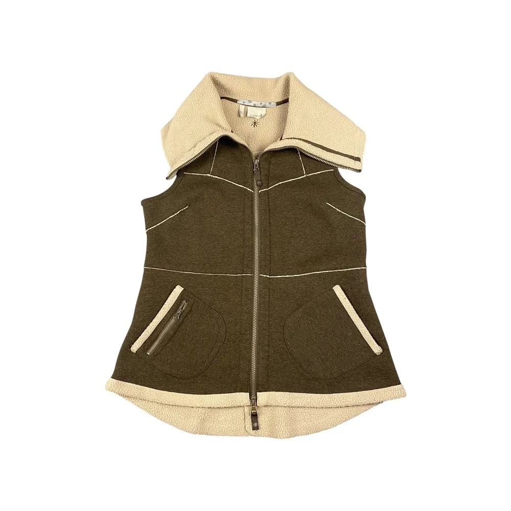 Athleta Sherpa Collar‎ Zip Vest Brown Beige Size L Outdoor Activewear Pockets